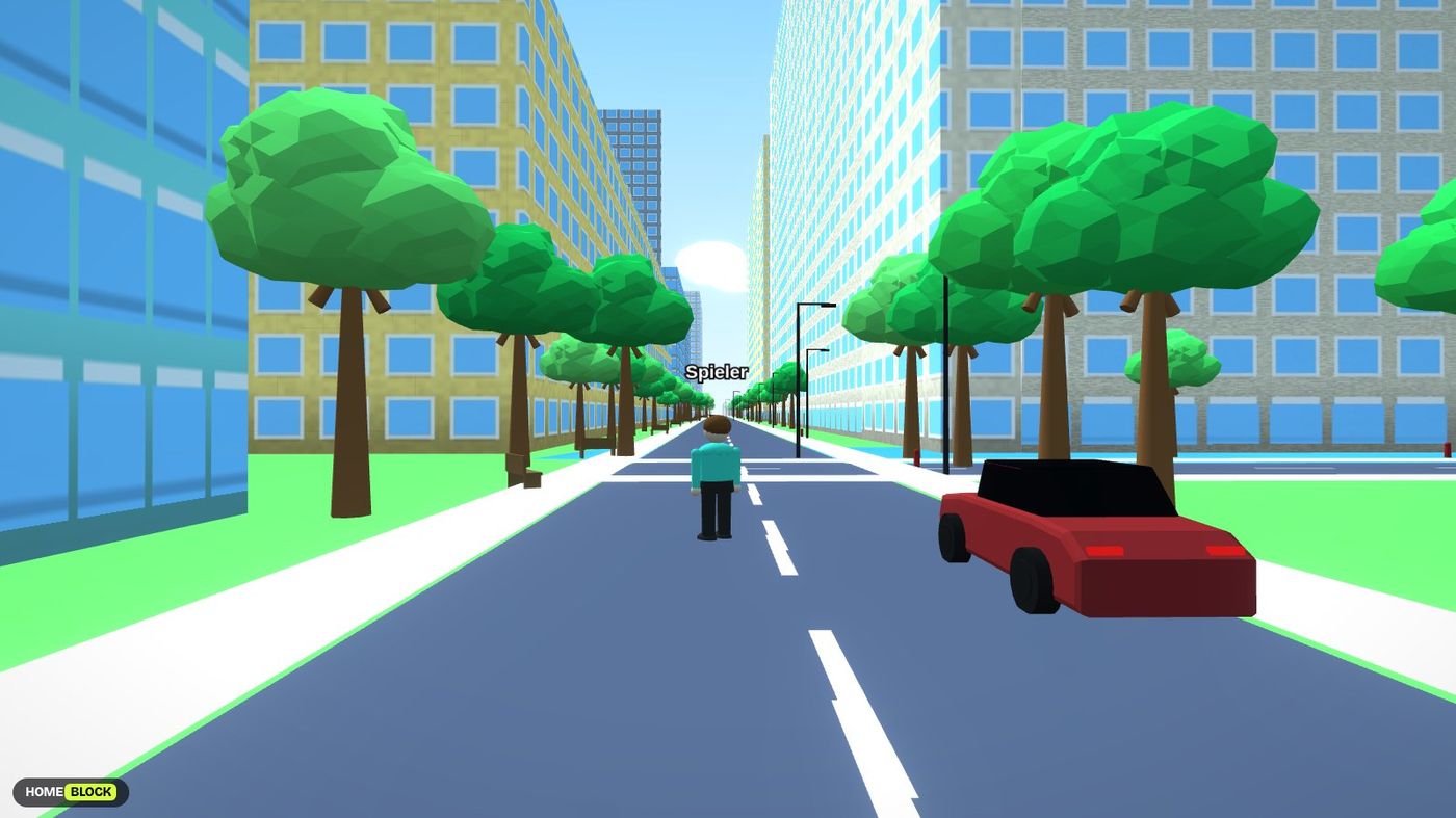 Spielszene: Straße mit Bäumen, Figur und Auto im Toon-Look