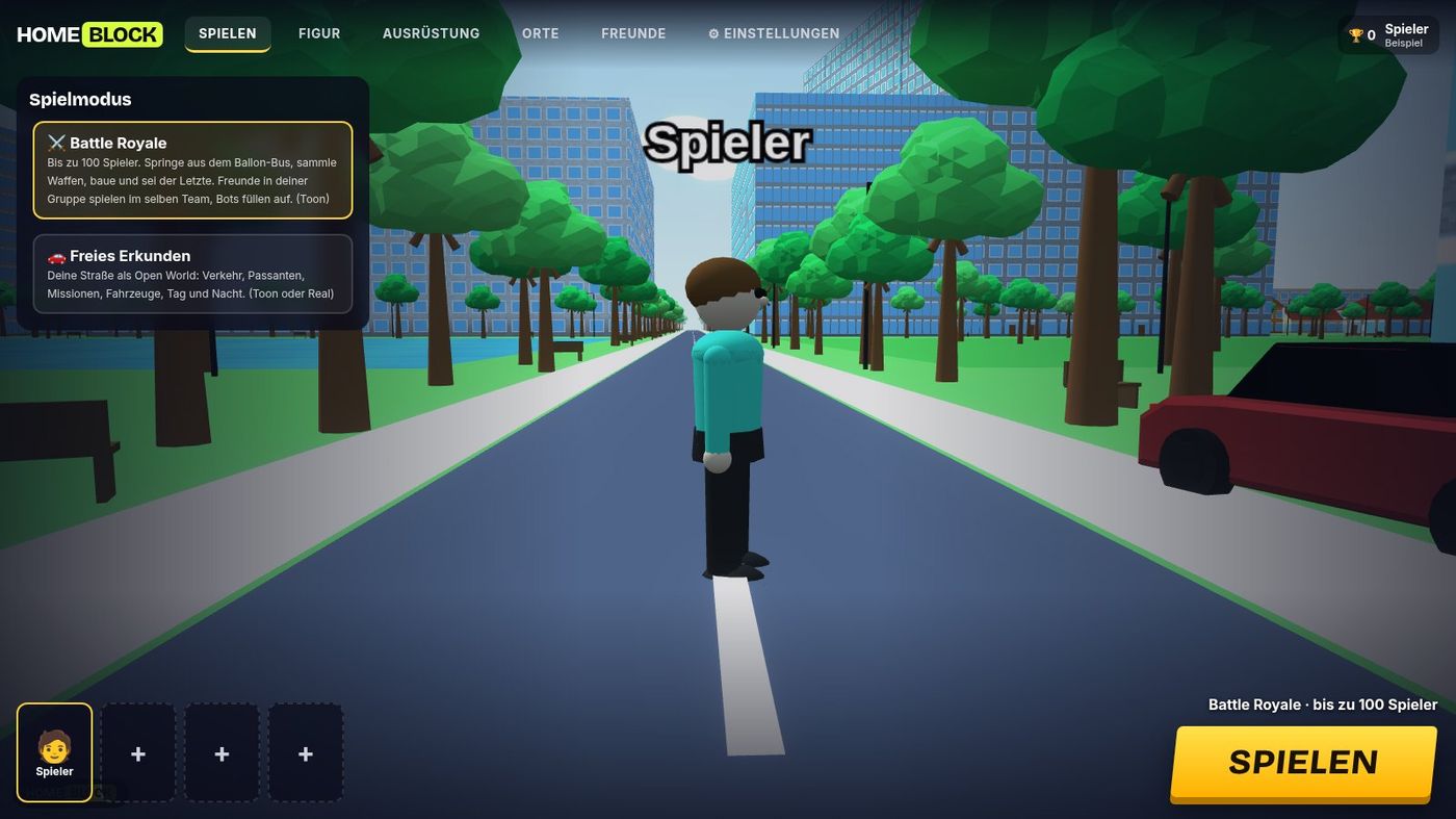 Startbildschirm mit Figur, Spielmodus und Gruppe
