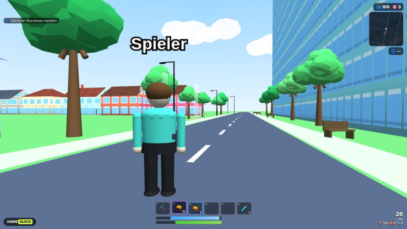 Spielszene im Battle Royale mit Leben, Schild, Waffen und Minimap